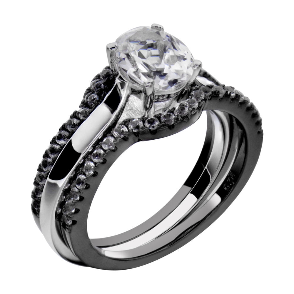 FlameReflection Black Rhodium Plated Sterling Silver 1.8 Carat Oval Synthetic White Sapphire