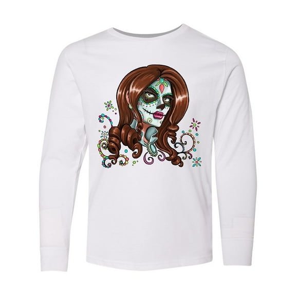 Inktastic Day of the Dead Woman in Sugar Skull Makeup Long Sleeve Youth T-Shirt