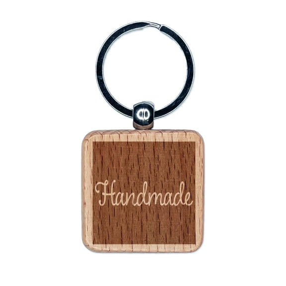 Handmade in Box Square Keychain Charm Tag - Engraved Wood