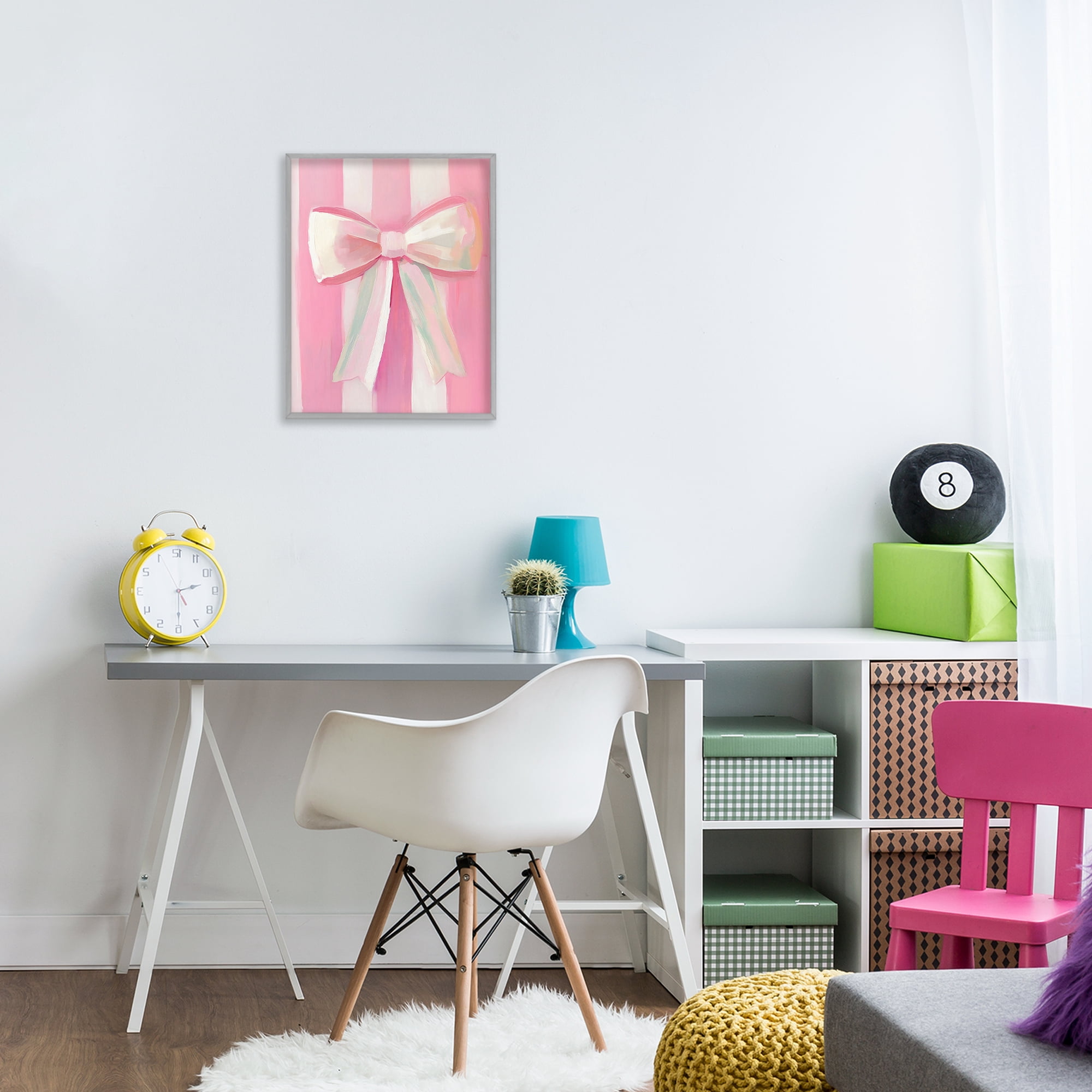 Stupell Industries Preppy Pink Bow on Stripes Gray Framed Giclee Art, design by The Prints Vibe