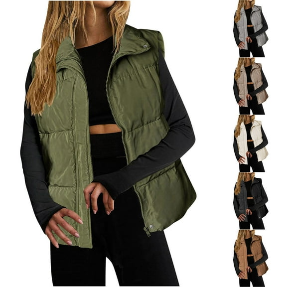 Juebong Womens Puffer Vest Sleeveless Puffy Vests Stand Collar Gilet Coat Lightweight Bubble Quilted Vests Trendy 2025 Winter Coats Brown,XXL