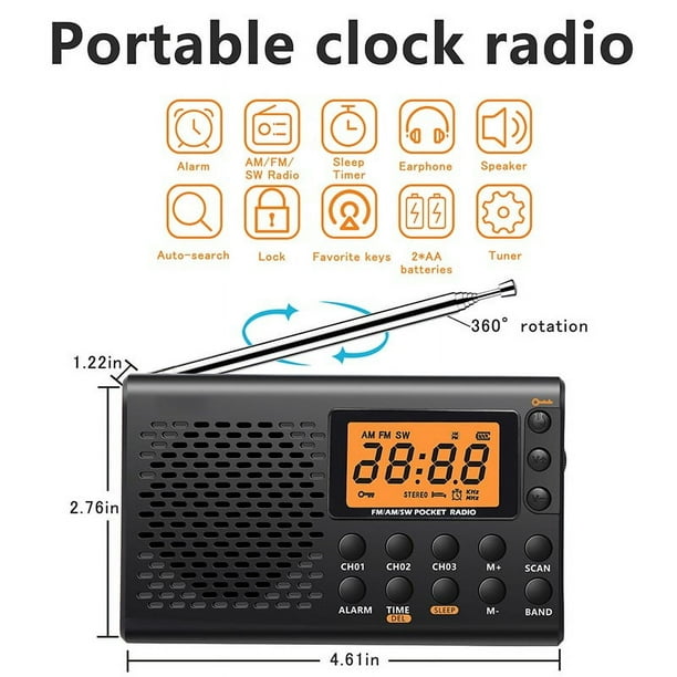 Radio de onda corta AM/FM portátil a batería con pantalla grande y reloj despertador