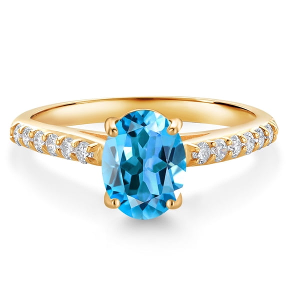 Gem Stone King 10K Yellow Gold Swiss Blue Topaz and White Lab Grown Diamond Engagement Ring for Women (1.68 Cttw, Oval 8X6MM, Gemstone November Birthstone, Size 8)