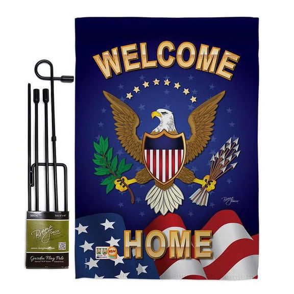 Breeze Decor BD-MI-GS-108064-IP-BO-D-US11-BD 13 x 18.5 in. Welcome Home Americana Military Impressions Decorative Vertical Double Sided Garden Flag Set with Banner Pole