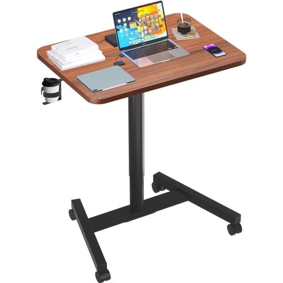 28-Inch Mobile Standing Desk, Computer Workstations with Cup Holder, Portable Standing Desk with Lockable Wheels, Rolling Table for  Office Classroom  (Walnut)