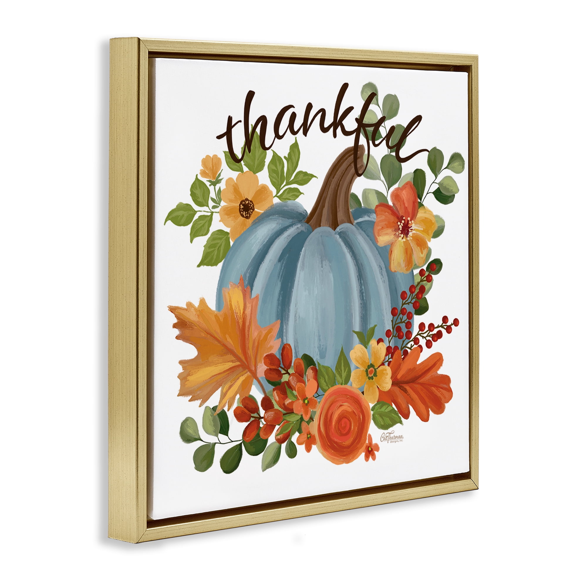 Stupell Industries Autumnal Thankful Pumpkin Holiday Painting Gold Floater Framed Art Print Wall Art, 18 x 18