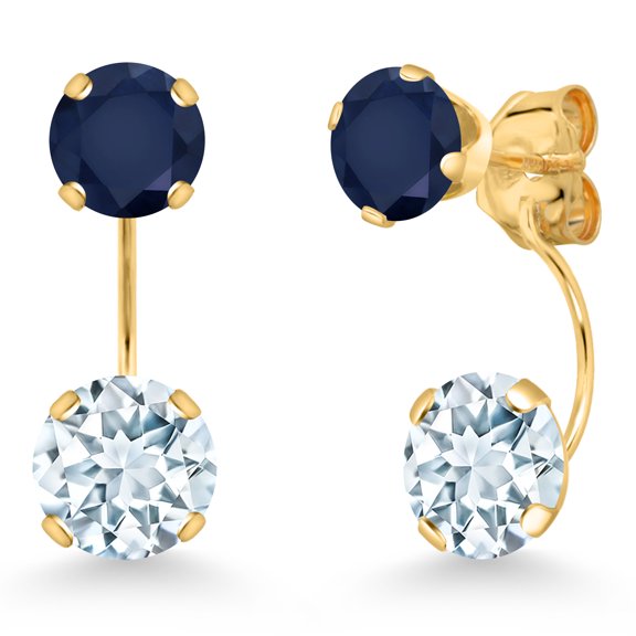 Gem Stone King 14K Yellow Gold Sky Blue Aquamarine and Blue Sapphire Stud Earrings for Women | 2.70 Cttw | Gemstone March Birthstone | Round 6MM