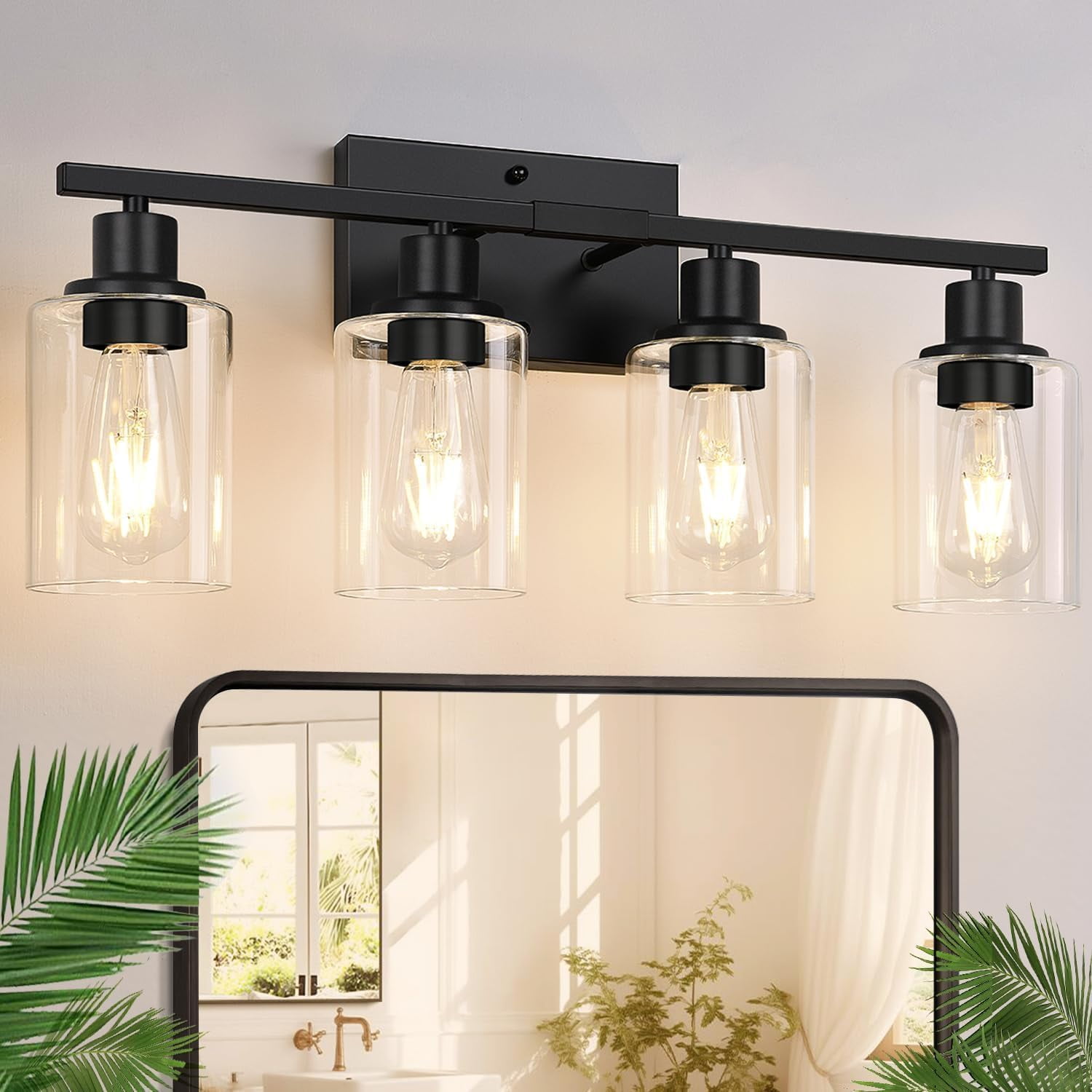 4-Light Vanity Lights with Clear Glass Shades, Brushed Gold Bathroom Light Fixtures Over Mirror, Modern Bathroom Wall Lamp for Mirror Living Room Cabinet Bedroom Porch