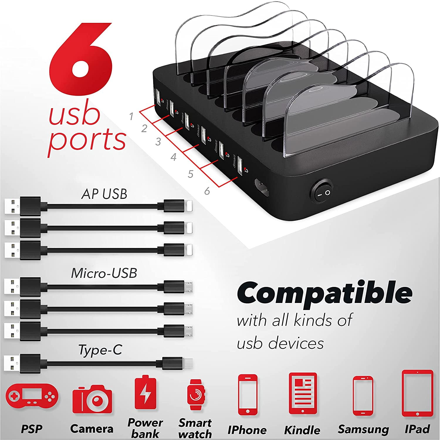 Poweroni USB Charging Station Dock - Fast Charge Docking Station for Multiple Devices - Multi Device Charger Organizer - Compatible with Apple and Android (Black 6-Port)