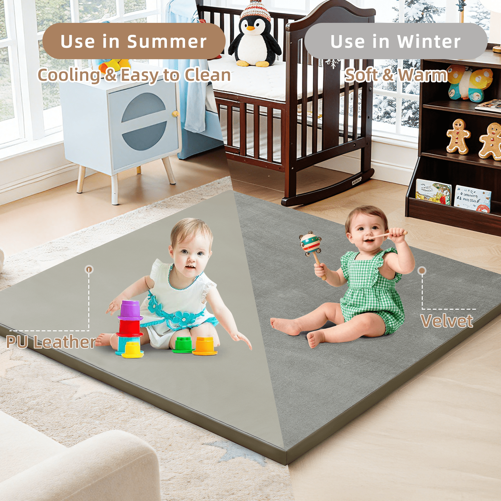 Teler Leather Baby Play Mat, 1.3" Thick Leather Crawling Mat, Cushioned & Waterproof Soft Playmat for Toddlers, Infants, 50" x 50", Gray