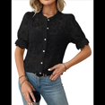 thumbnail image 3 of Womens Lace Short Puff Sleeve Casual Eyelet Crew Neck Button Down Shirts Black S, 3 of 7