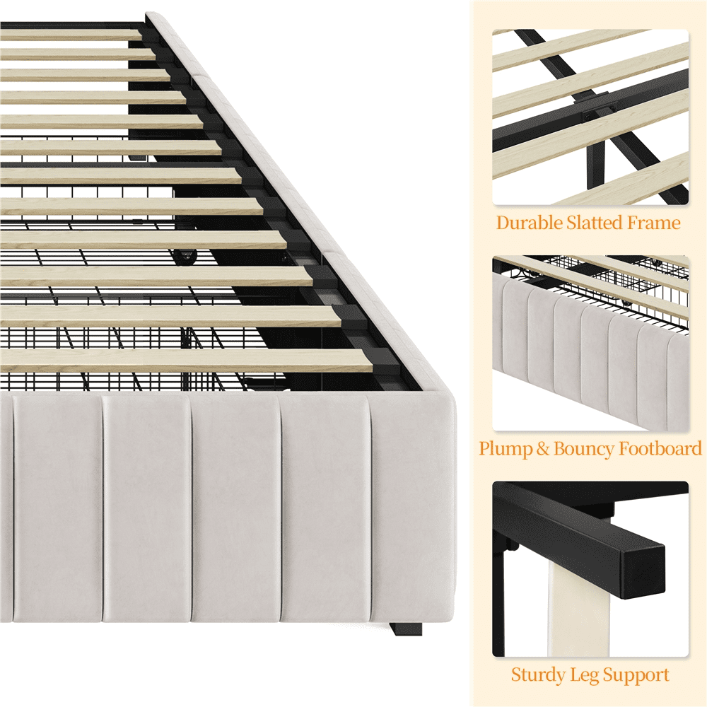 Fullfurnique Upholstered Platform Bed Frame with Three Storage Drawers, Queen, Beige