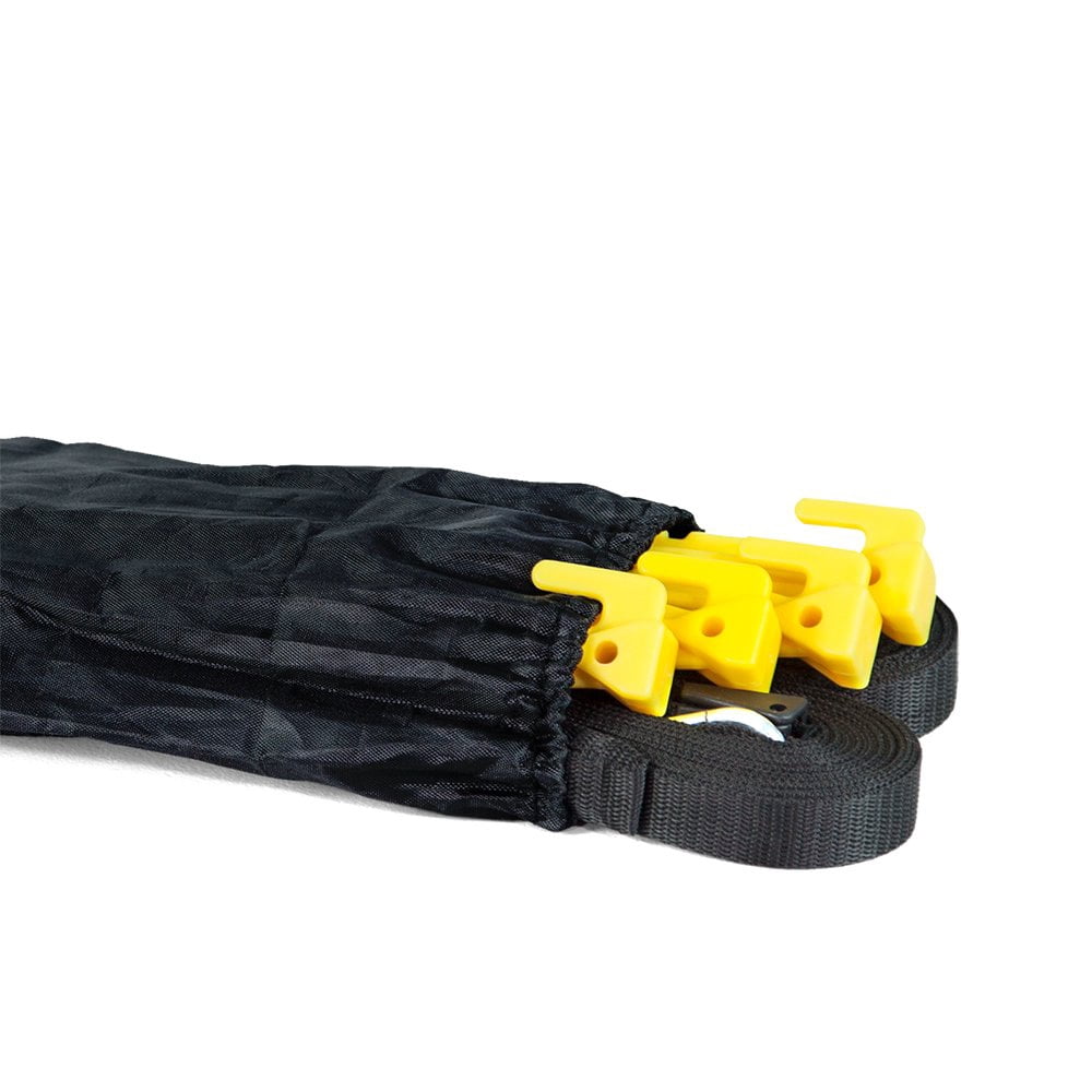 Basic Tent Stake Kit – Includes Black Nylon Draw-String Bag with String Cord Lock, 4X 9in Yellow PVC Stakes, 4X 13ft Black Nylon Webbing Sections with Carabiner and Length-Adjusting Clip