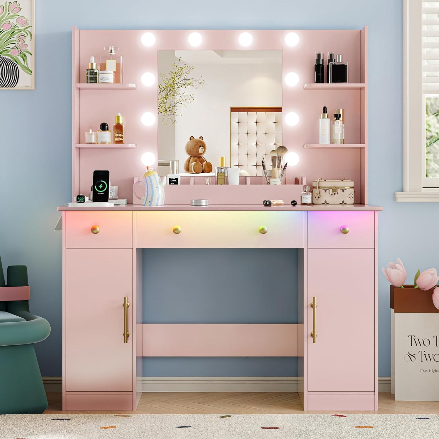 FANRAL 43'' Vanity Desk with 10 LED Lights,Under-Table RGB Strip & Built-in Power Station,Multi-Storage Makeup Table for Bedroom Bathroom Grooming,Pink Vanity