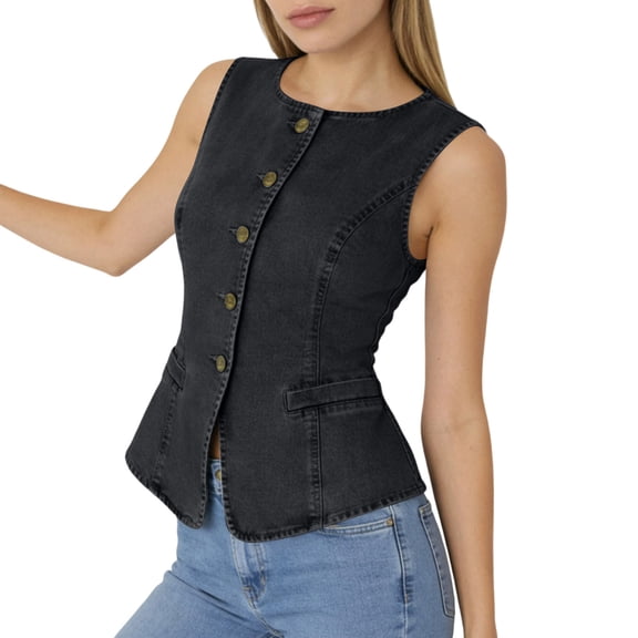 TaTaai Fall Sleeveless Denim Vest Women Button Front Vintage Fit Layer with Pockets Casual for Autumn