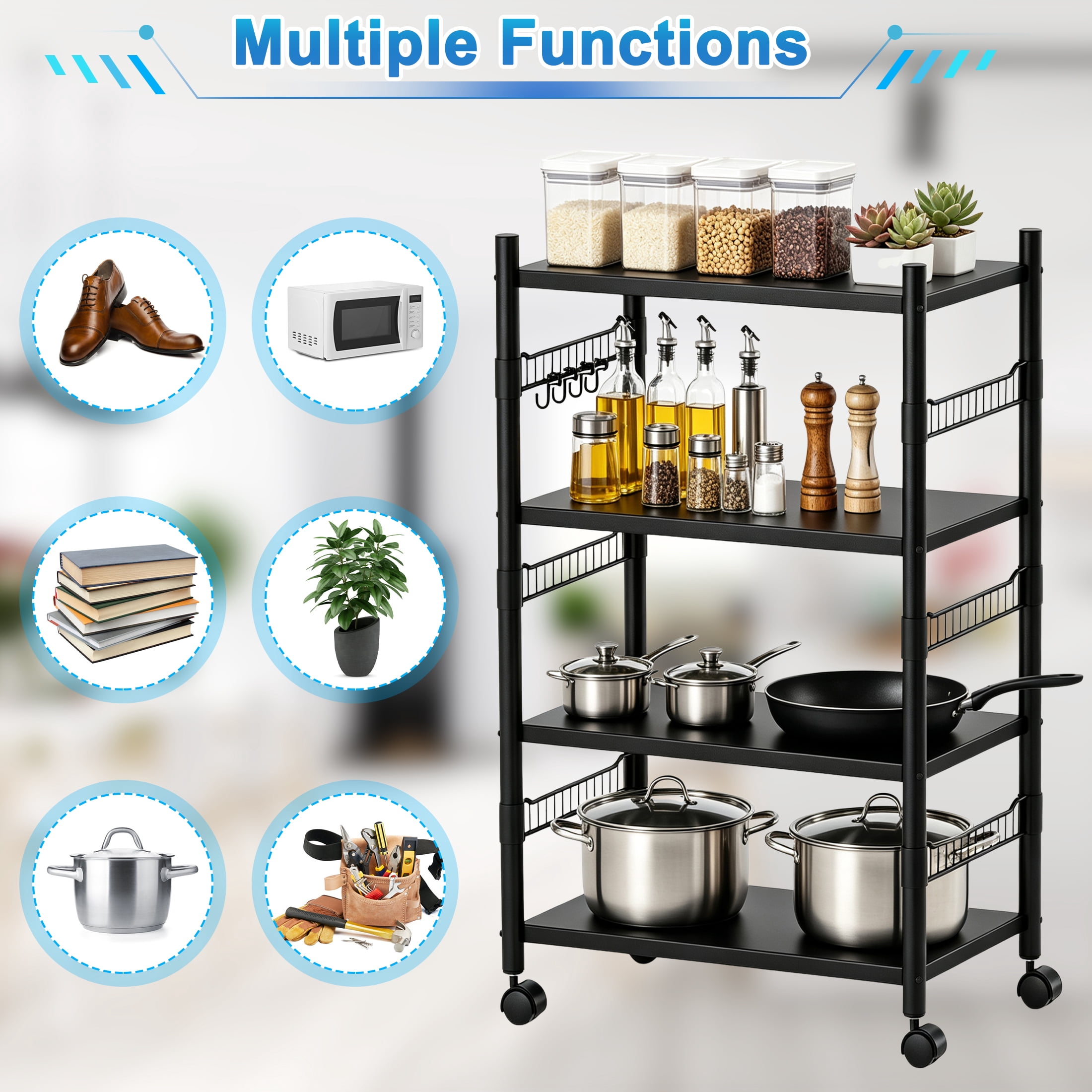 4 Tier Rolling Storage Cart, Metal Kitchen Storage Rack with Wheels, Multifunctional Adjustable Utility Shelving Unit, Mobile Organizer Shelf for Kitchen, Bathroom, Pantry & Laundry Room