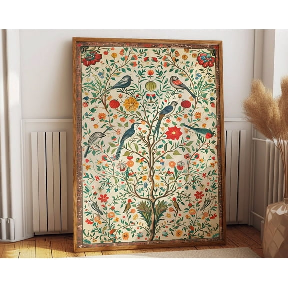 Indian Floral & Bird Art Poster - Botanicals In Vibrant Colors Wall Decor Illustration Wall Art, Modern Wall Decor, 8x12 UNFRAMED