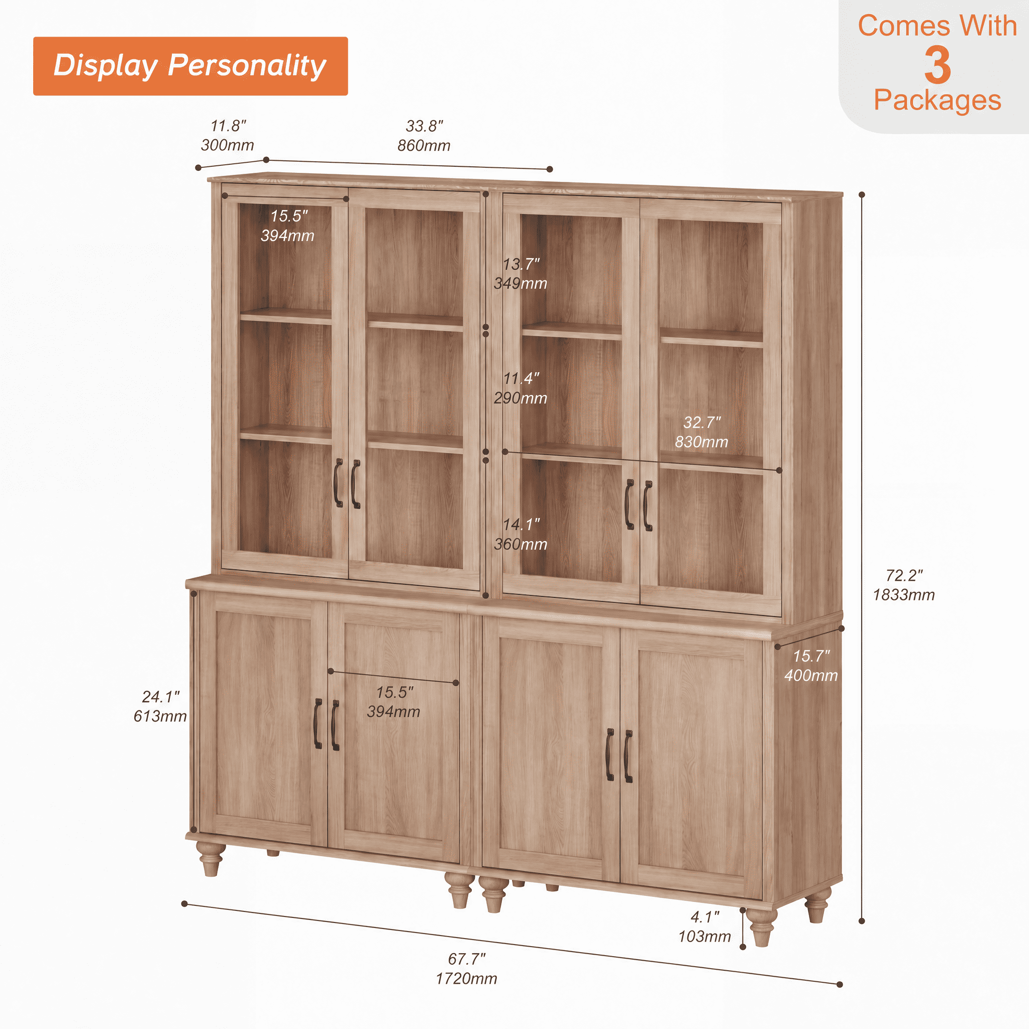 72"H Tall 5-Tier Bookcase with Glass Doors, Farmhouse Bookshelf with Ample Storage Cabinet, Large Library Wooden Bookshelves for Living Room, Office, Kitchen, Oak