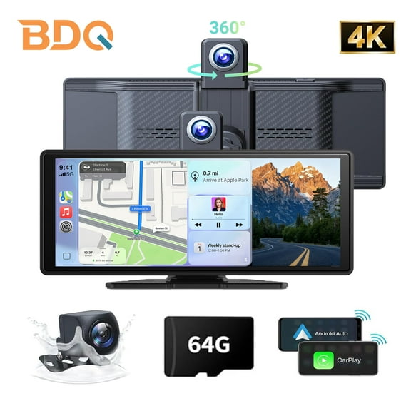 BDQ 10.26" Portable Wireless CarPlay Screen for Car, Android Auto Display with 1080P Backup Camera, GPS, Bluetooth Touchscreen