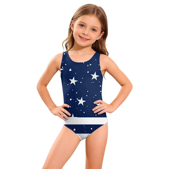 Grblisyd 4th of July Girls Swimsuits Size 10-12 White, and Blue One Piece Swimwear Athletic Crew Neck Bathing Suit