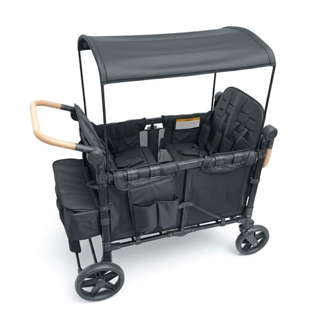 Stroller Wagon 4 Seater, Foldable Wagon for Kids with Canopy and 5 Point Harness, Collapsible Push Pull Wagon for Beach Camping Travel