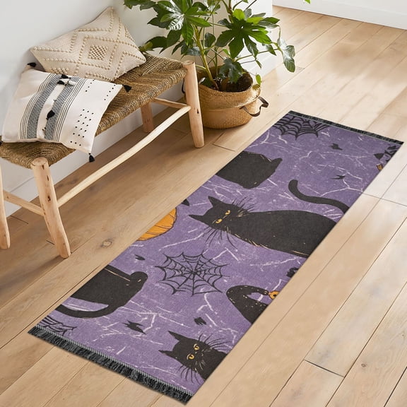 Yayeee Runner Rug for Bedroom 2'x6' Machine Washable Hallway Non Slip Mat, Purple Halloween Black Cat