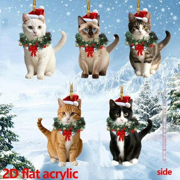 Christmas Cat Acrylic Flat Pendant, 8cm Festive Tree Hanging Decoration, Cute Animal-Themed Ornament, Durable Lightweight Design, Adds Playful Seasonal Accent to Home, Car, or Gift Wrapping