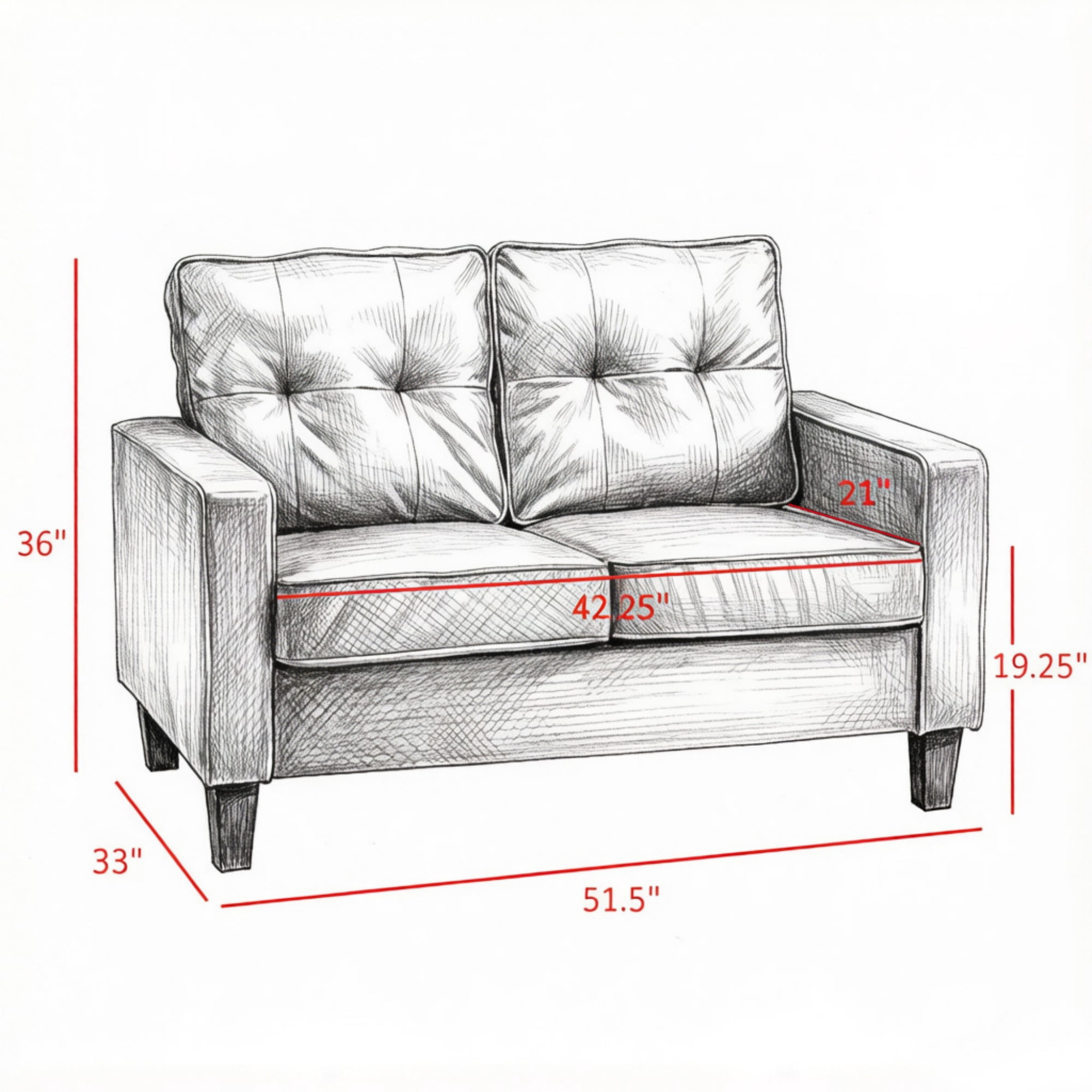 51" Wide Double Sofa, 2-Seater Tufted PU Leather Loveseat with Padded Armrests, Brown