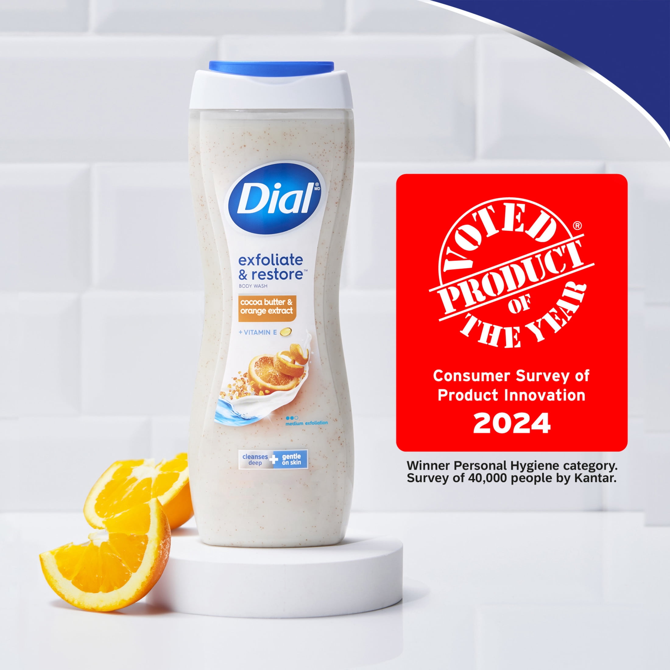 (6 pack) Dial Exfoliate & Restore Body Wash with Cocoa Butter, Orange Extract & Vitamin E, 16 fl oz