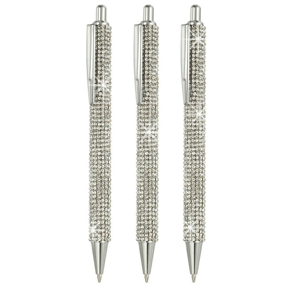 Rhinestone Metal Ballpoint Pen 3 Pack Crystal Diamond Pens Black Ink 1.0mm Point Sparkly for Women Gift Office Note Taking Journaling, Silver