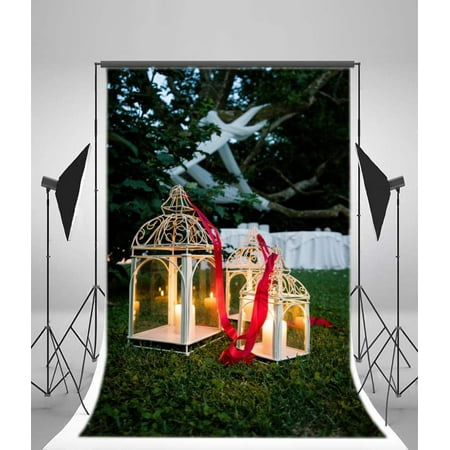 Image of 5x7ft Wedding Backdrop Red Ribbon Lantern Candles White Curtain Forest Trees Green Grass Lawn Nature Landscape Photography Background Kids Adults Photo Studio Props