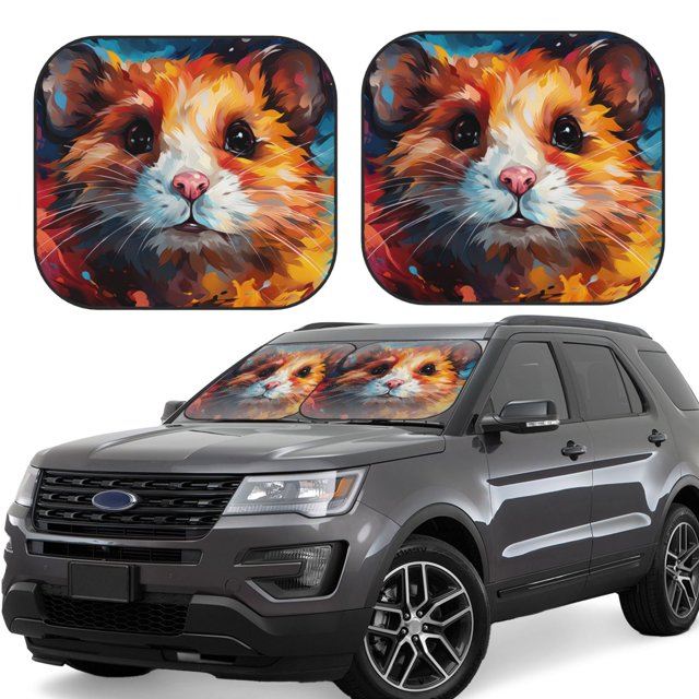 Fotbe Oil Painting Colorful Hamster 2-Piece Car Windshield Sun Shade | Sun Blocker for Car Windshield | Foldable Automotive Interior Accessories for Sun Protection-Large
