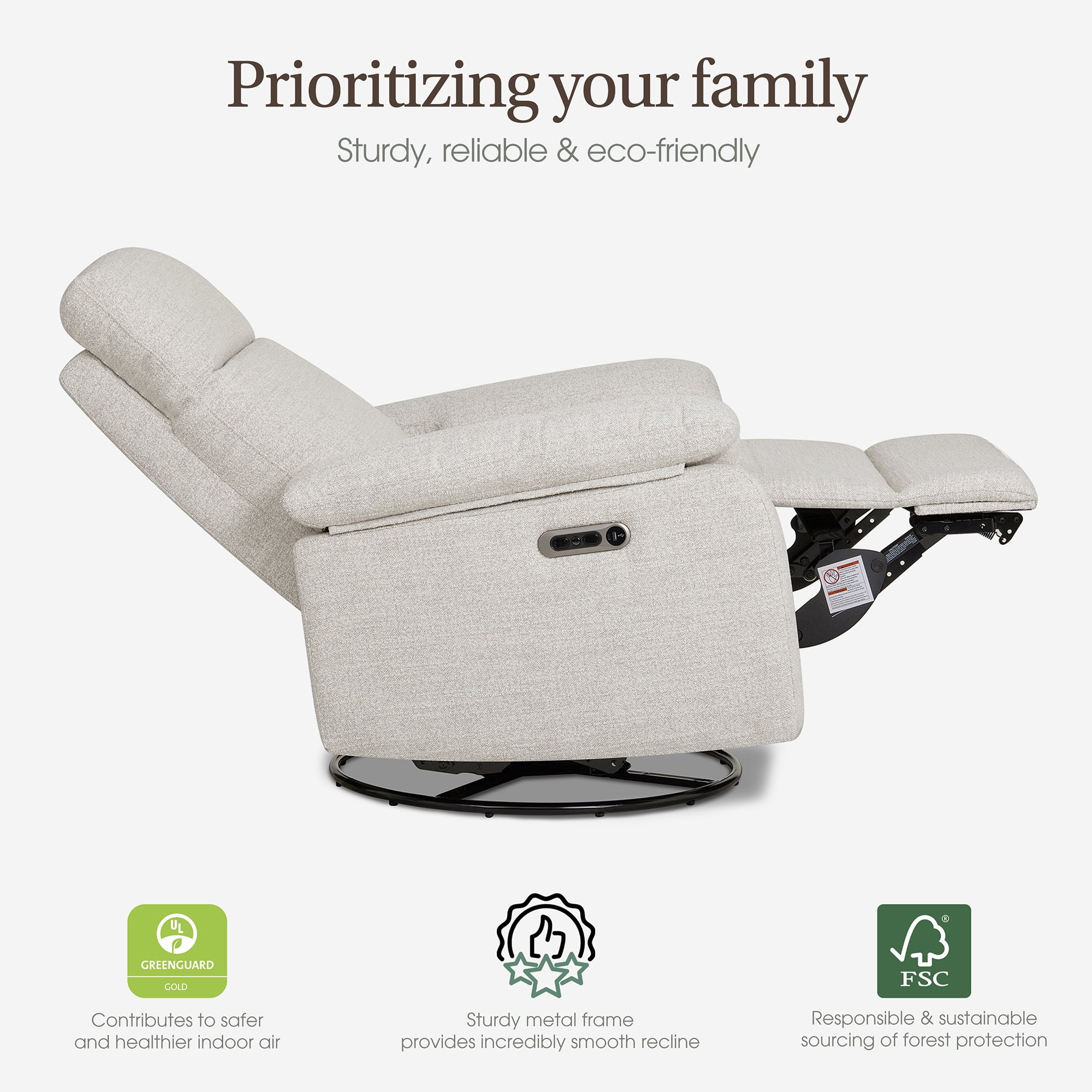 Evolur Asher Deluxe Power Recline Glider, Extra-Wide Nursery Recliner Chair with Adjustable Power Headrest, 275° Swivel, USB-A & USB-C Charging Ports, Ergonomic Lumbar Support, FSC Certified, Oatmeal