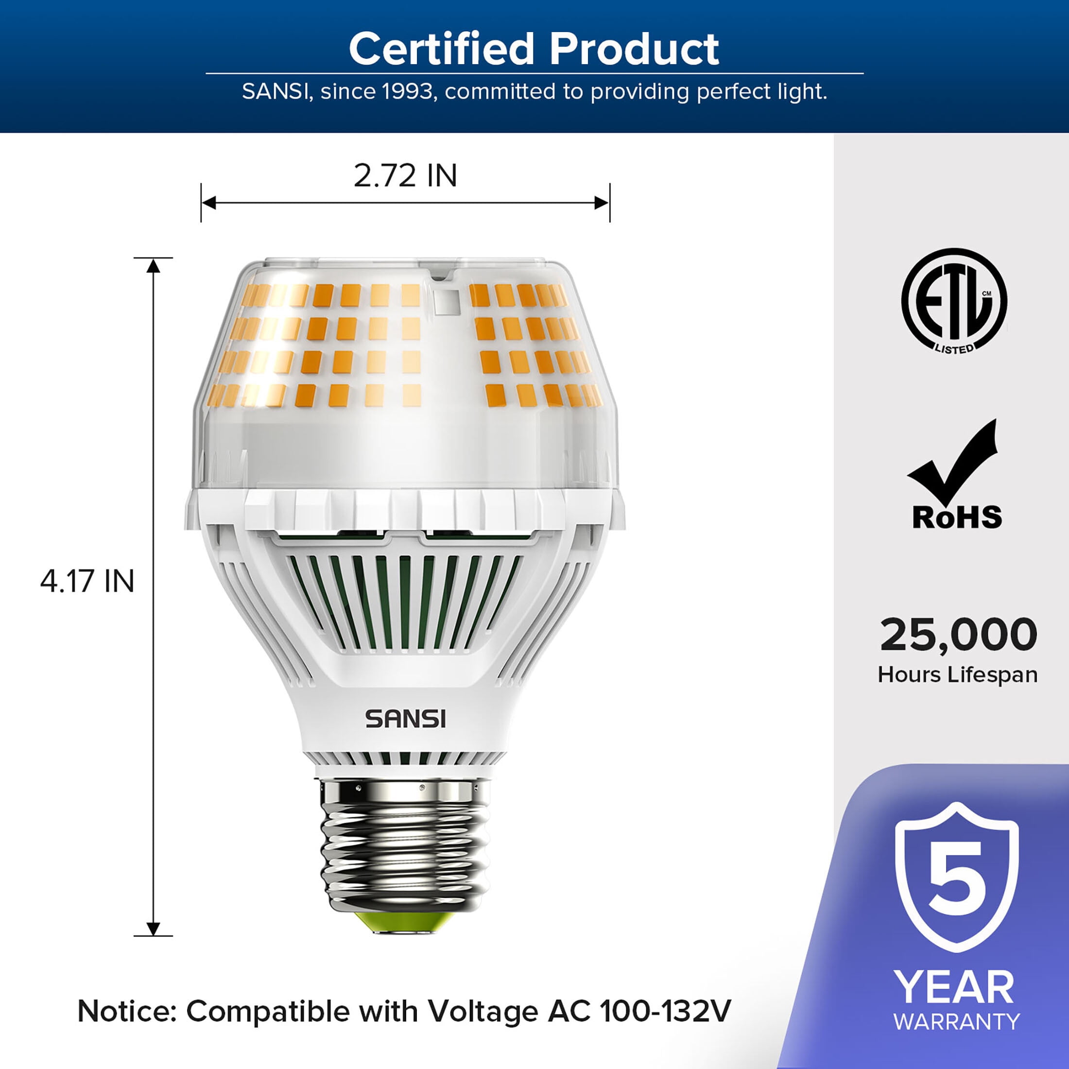 SANSI 25 Watts (250W Equiv) A19 LED Light Bulb, 4000 Lumens, E26 Base, 3000K Warm White Non-Dimmable