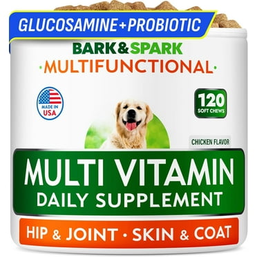BARK&SPARK Multivitamin Chewable Treats for Dogs - Glucosamine Chondroitin for Joint Support   Omega for Skin & Coat   Probiotics - Multi Vitamin for Dogs Health - Dog Vitamins and Supplements