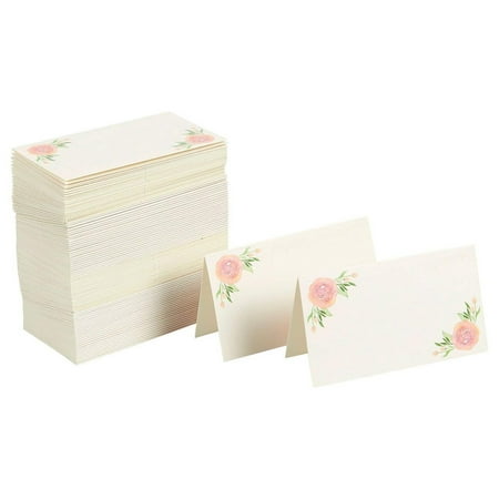 Floral Table Place Cards - 100 Piece Rose Tent Cards, Table Decorations and Party Supplies for Romantic Wedding, Banquets, Bridal Shower, Celebrations and Events, 2 x 3.5 Inches, Green and