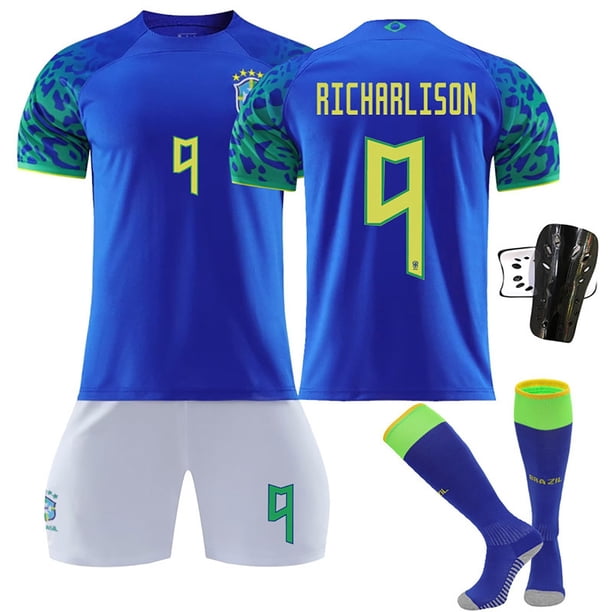 Surgei 2223 Brasil Camisetas de fútbol, Brasil Estadio de casa Número #9 Richarlison Impreso Manga Corta Tops Calcetines Camisetas de fútbol de 4 piezas, Camisetas de fútbol de Brasil para Niño, 28
