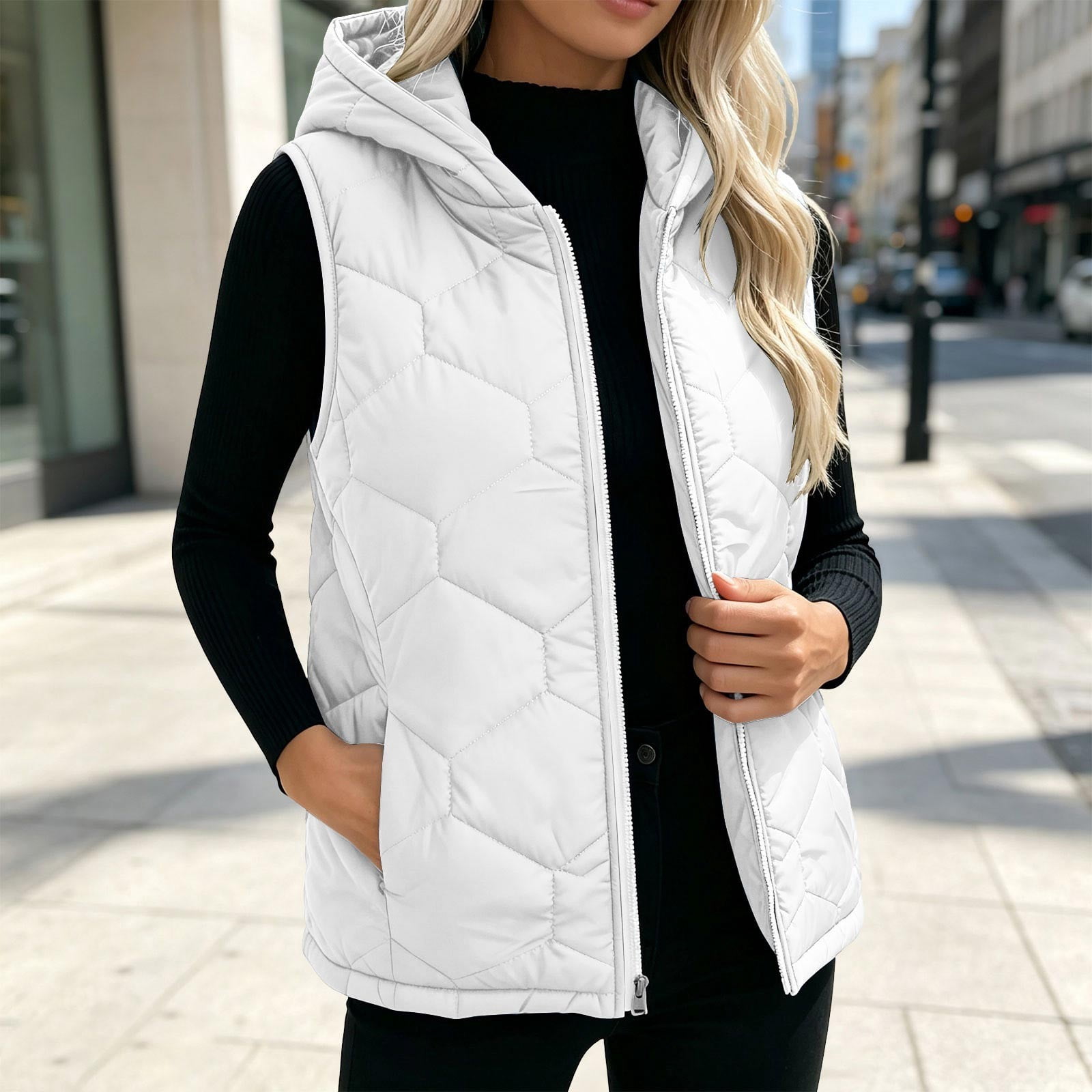 AVRNLIQ Womens Hooded Lightweight Puffer Vest Sleeveless Quilted Zip Up Outerwear