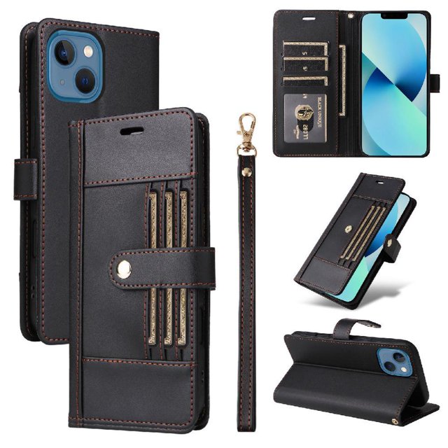 FOXDOCK Funda tipo Cartera para iPhone 14 Plus – Cubierta de Cuero PU con Múltiples Ranuras, Bolsillo para Efectivo y Correa de Muñeca