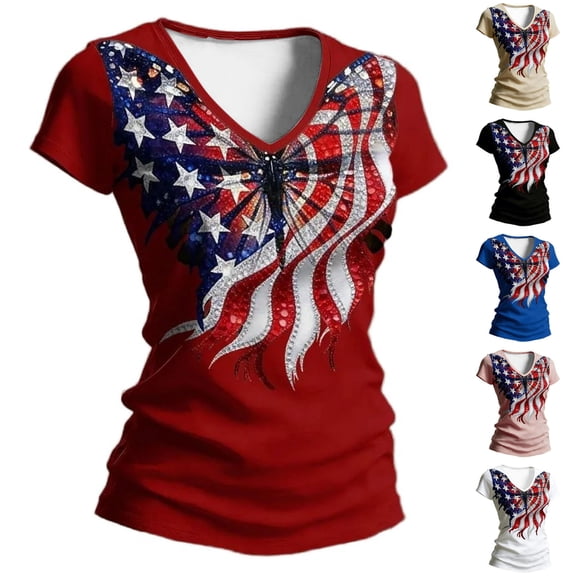 Felirenzacia Women's 4 of July Graphic T Shirt Basic Printed Round Neck Short Sleeves Tailored Tee Top Wine,L