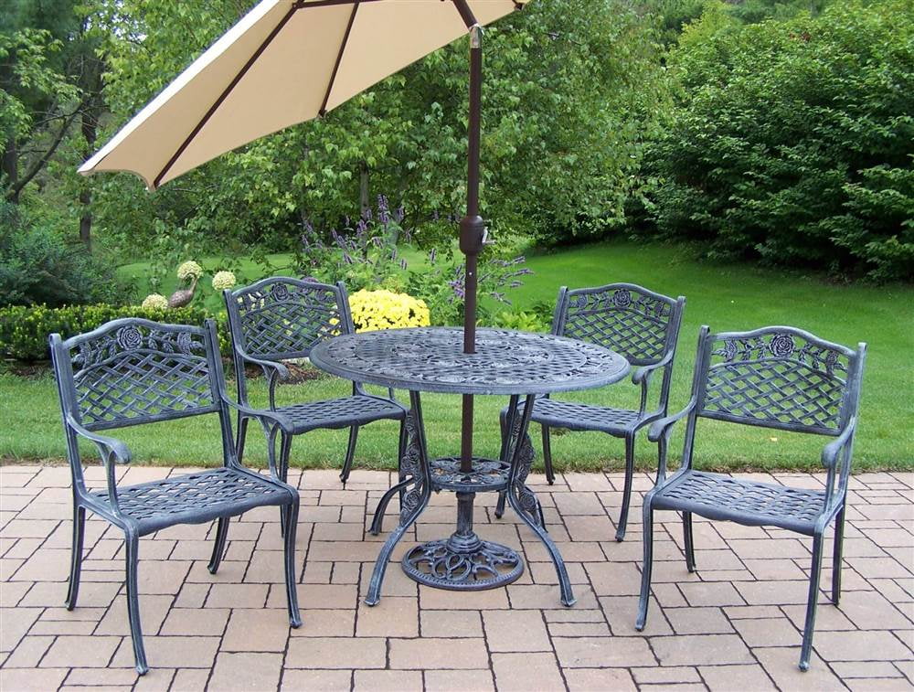 Tea Rose Patio Dining Set w 4 Arm Chairs