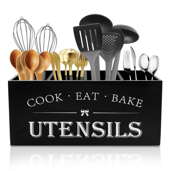 FUYGRCJ 4 Compartments Utensil Holder, Extra Large Cooking Utensil Holder, Caddy Utensils Storage Organizer, Rustic Wood Kitchen Tool Decor Utensil Crock Spatula Holder for Kitchen Counter