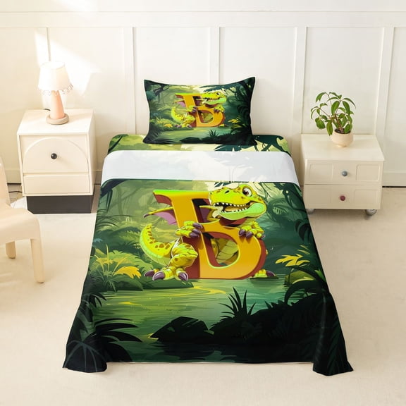 Castle Fairy Dinosaur Jungle Letter B Twin Sheet Sets 3pcs for Kids,Cartoon Animal Bedding