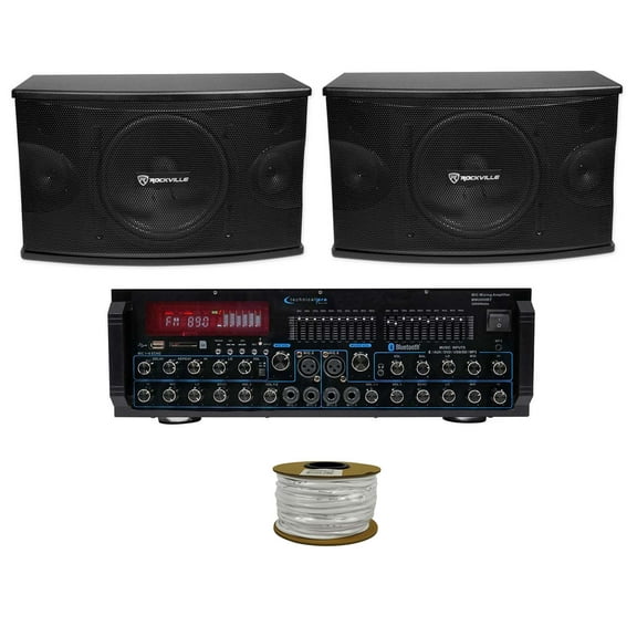Pair Rockville KPS10 10" 3-Way 1200w Karaoke Speakers Bluetooth Amplifier Mixer   Rockville R14GSBR100 Red/Blk 14 Gauge 100' Ft. Mini Spool Car Audio Speaker Wire