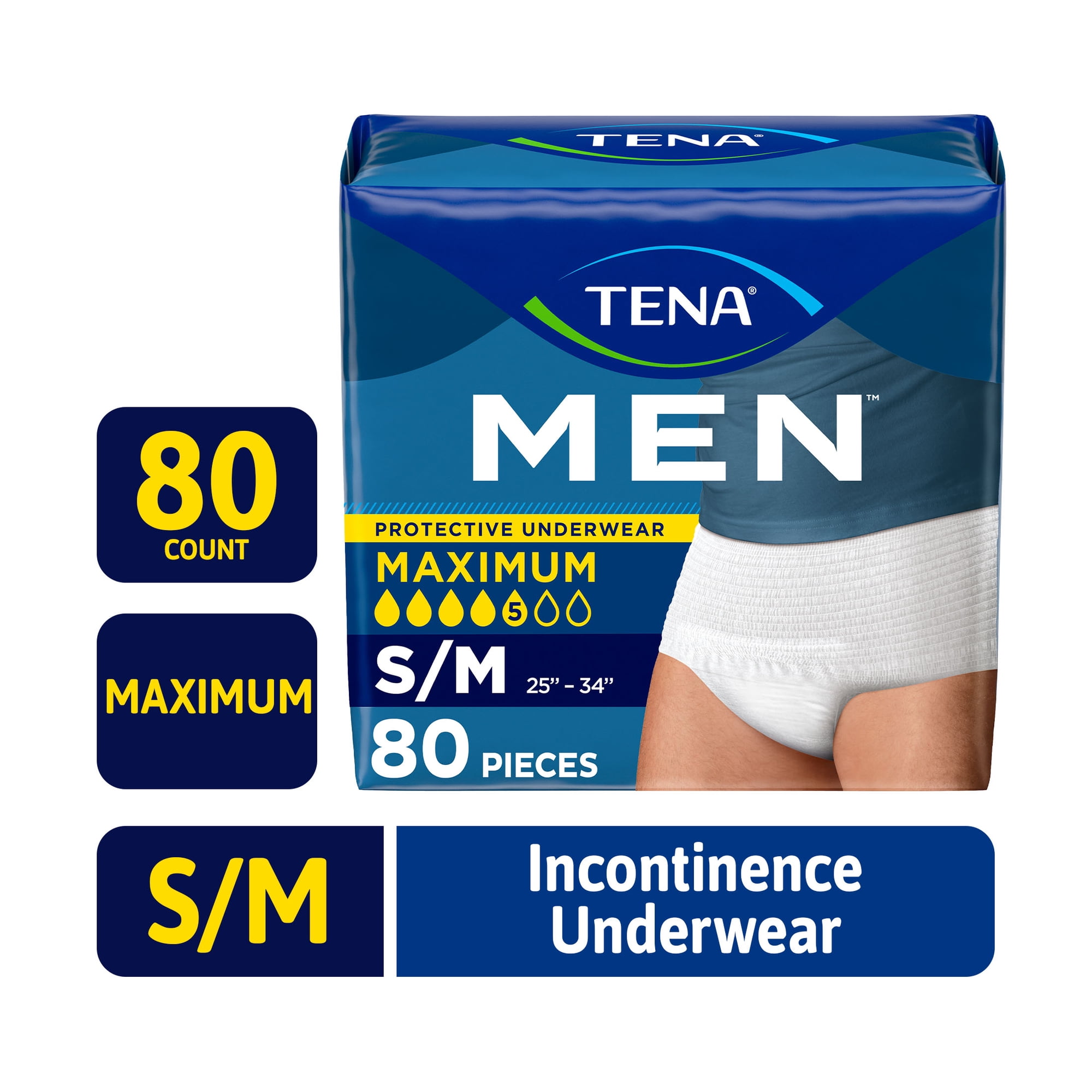 TENA Men Adult Incontinence Underwear Maximum, S/M, 80 count (Waist size 25in-34in)