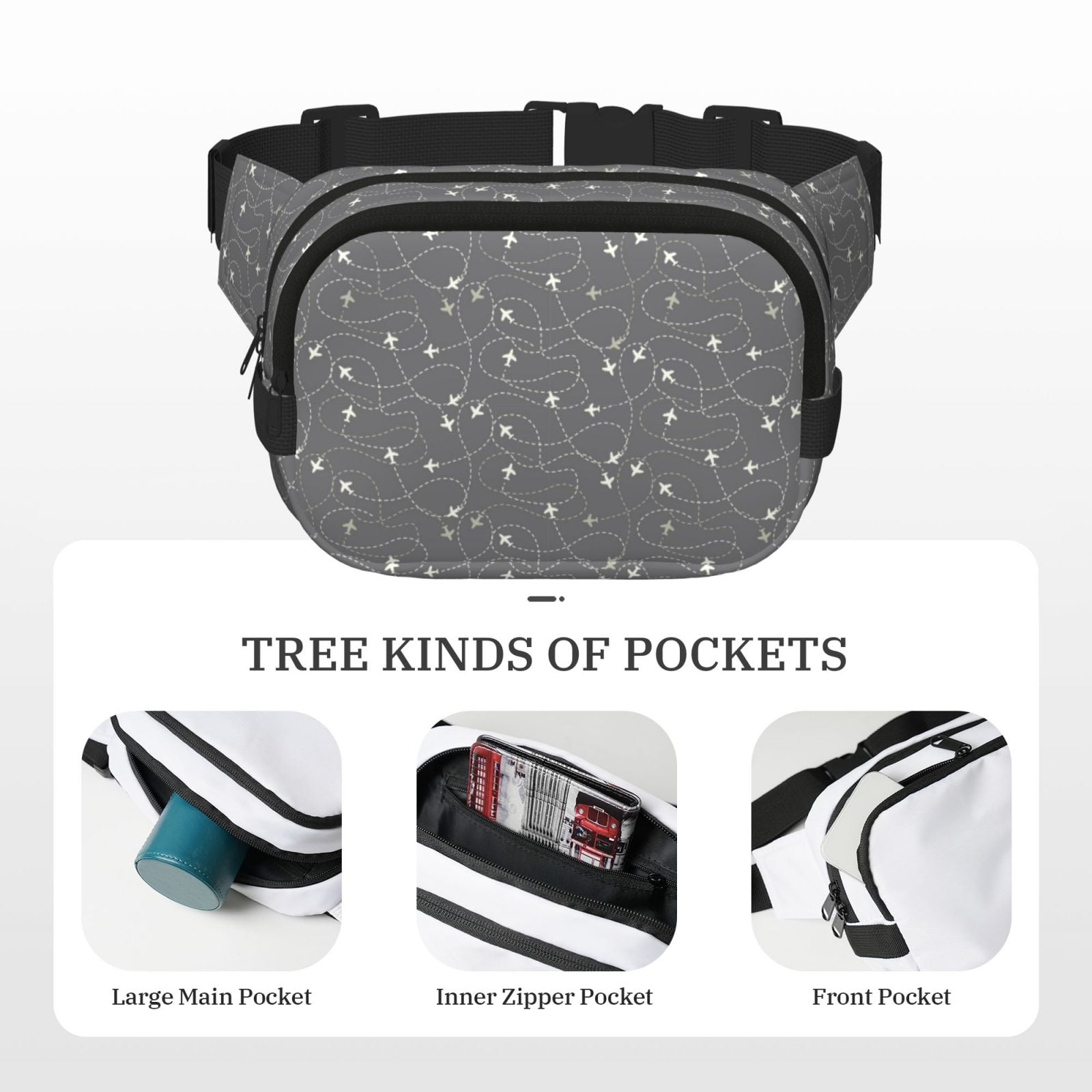 Kdxio Airplane Routes Around The World Crossbody Double Layer Waist Bag Belt Bag for Unisex Fanny Pack Fashion Waist Packs for Hiking Running Shopping Traveling