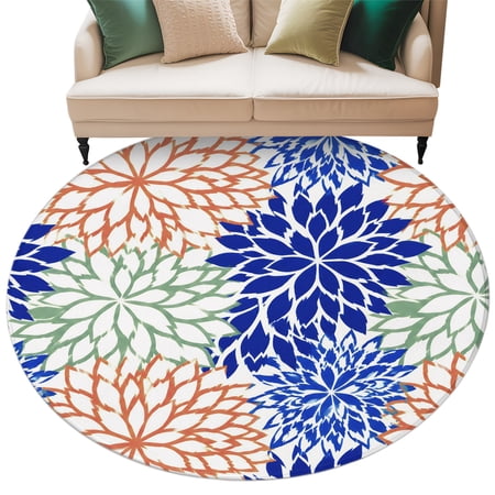 Colorful Flowers Round Rug 6ft Washable Circle Kitchen Rugs Non Slip Botanical Orange Blue Green Floral Plant Large Area Rug Indoor Floor Carpet for Bedroom Living Room Office Dining Room Nursery