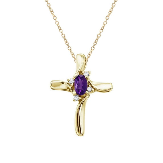 14K Yellow Gold Amethyst and Diamond Cross Pendant with 18" Chain