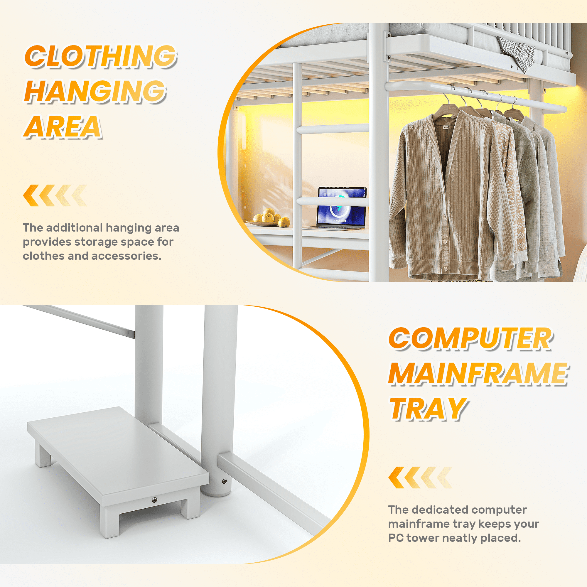 Leumius Queen Loft Bed Frame with L-Shaped Desk,LED Light Strip and Charge Station, Metal Loft Bed with Computer Mainframe Tray and Hanging Area, Special Round Pipe Design for Teens Adults White