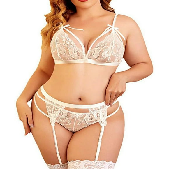 WZXFASHION Women Lingerie Set Lace Teddy Strap Bodysuit With Garter Belts Intimates White1 XXXL